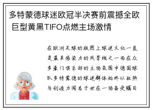 多特蒙德球迷欧冠半决赛前震撼全欧 巨型黄黑TIFO点燃主场激情